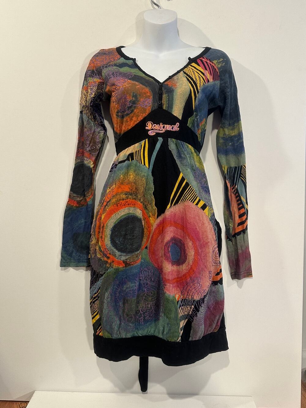 Desigual Y2K Abstract Circle Art Bubble Hem Long Sleeve Tunic Dress S